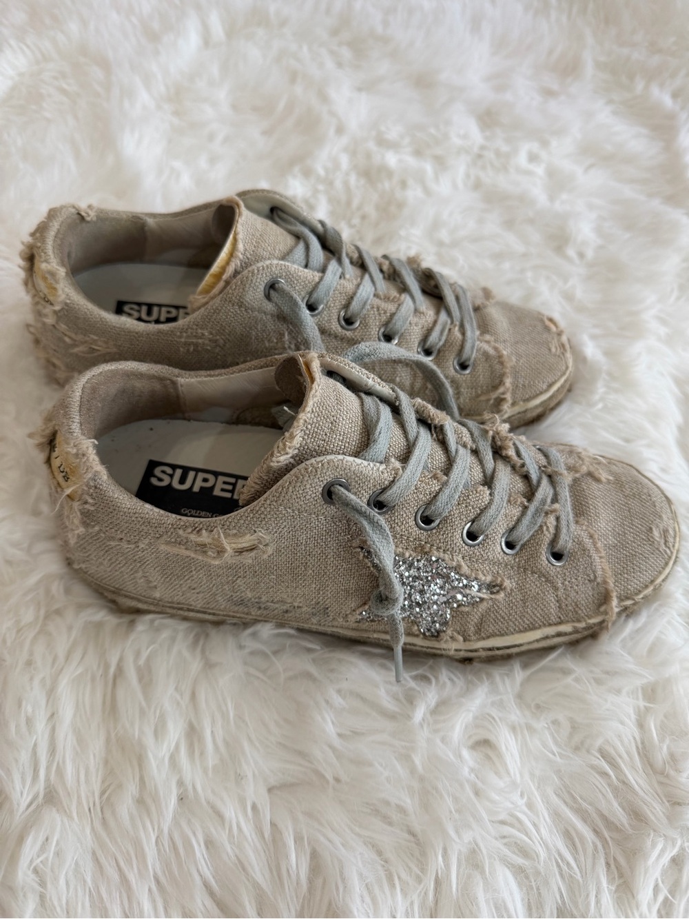 Golden Goose Beige Canvas Low-Top Sneakers with Silver Glitter Star Size 36 US 6